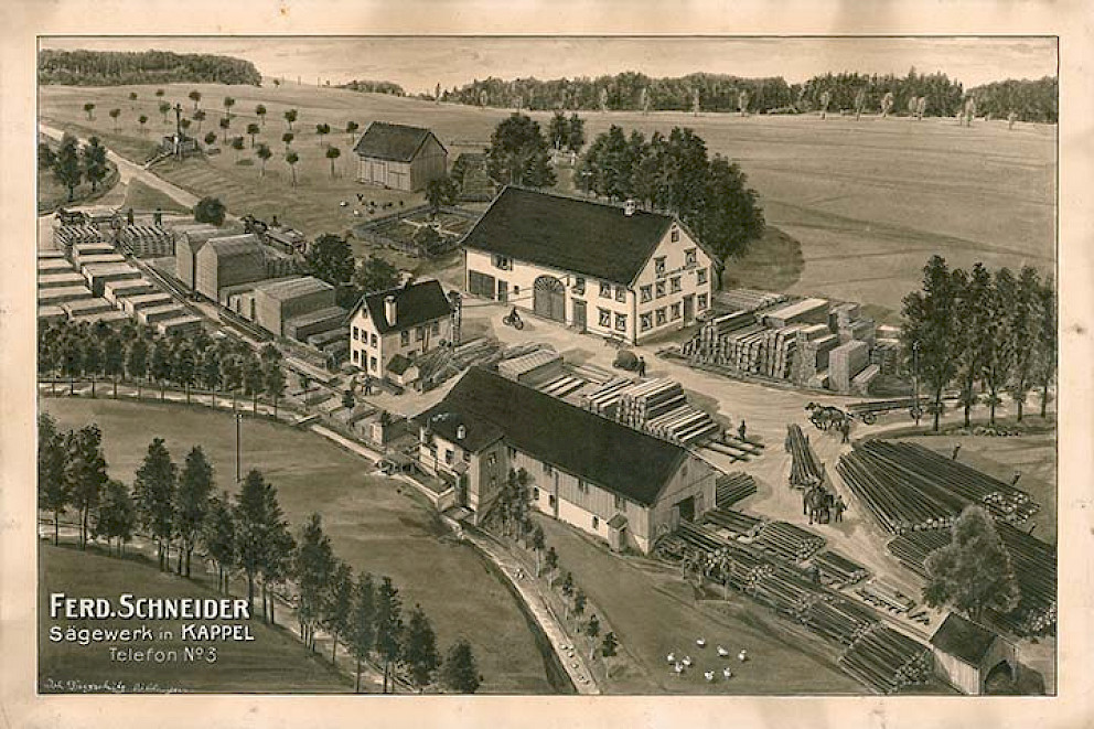 1911 - Der Zimmermeister Ferdinand Schneider gründet das Sägewerk in Kappel.